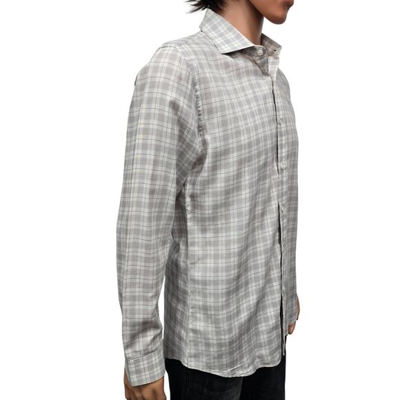 REISS Dress Shirt Men M Slim Fit Woven Gray Check Plaid Long Sleeves Cotton - Picture 6 of 12
